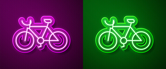Obraz premium Glowing neon line Bicycle icon isolated on purple and green background. Bike race. Extreme sport. Sport equipment. Vector.