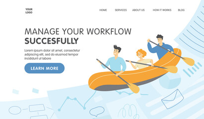 Workflow management landing page. People are rafting down the stream of documents. Vector flat illustration
