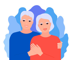 Obraz premium Senior elderly couple man and woman together. Family old age, happy pair, love. Vector
