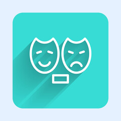 White line Comedy and tragedy theatrical masks icon isolated with long shadow. Green square button. Vector.