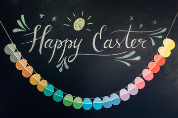 Happy Easter message on a blackboard with paper egg banner