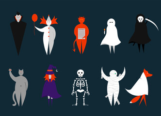 Halloween set of different masquerade costume. Flat vector style on isolated background