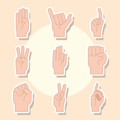 sign language hand gesture indicating different letters alphabet line and fill icons