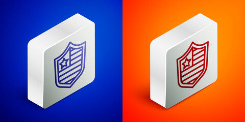 Isometric line Shield with stars and stripes icon isolated on blue and orange background. United States of America country flag. 4th of July. USA Independence day. Silver square button. Vector.