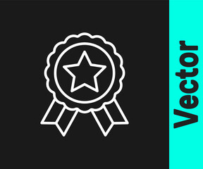 White line Medal with star icon isolated on black background. Winner achievement sign. Award medal. Vector.