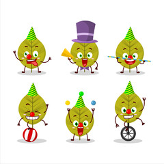 Cartoon character of green leaves with various circus shows