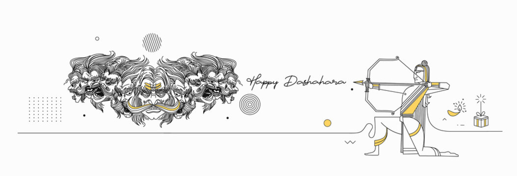 Rama killing Ravana with ten heads bow and arrow with text Happy Dussehra (Hindu holiday Vijayadashami)  festival of India.