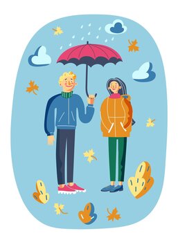 People in autumn under umbrella. Cute doodle of man and woman in city scene. Happy girl and boy walking, sky with clouds, leafs flying. Leisure in nature vector illustration
