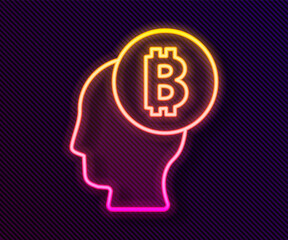 Glowing neon line Bitcoin think icon isolated on black background. Cryptocurrency head. Blockchain technology, digital money market, cryptocoin wallet. Vector.
