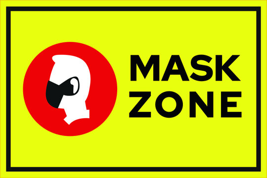 Mask zone warning prevention sign - human profile silhouette with face mask in yellow square frame - isolated vector information picture
