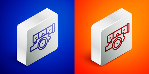 Isometric line Cannon icon isolated on blue and orange background. Silver square button. Vector.
