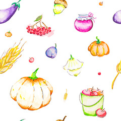 Watercolor autumn cosy pattern with colorful autumn havest - vegetables, fruits. Can be use in autumn holidays design, posters, invitations, cards.