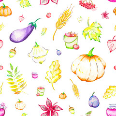 Watercolor autumn cosy patternwith colorful autumn leaves, vegetables, fruits. Can be use in autumn holidays design, posters, invitations, cards.