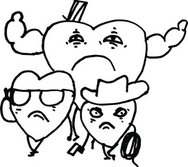 Three hearts, a heart with glasses, a hat, and a strong man's heart.