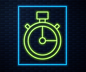 Glowing neon line Stopwatch icon isolated on brick wall background. Time timer sign. Chronometer sign. Vector.