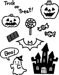 ハロウィン　モノクロなイラストセット