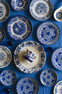 Various blue vintage dishes