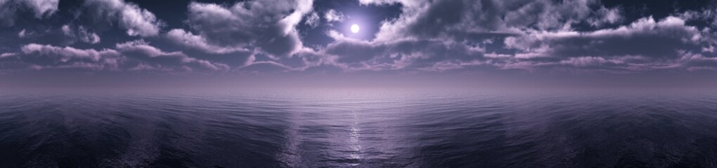 Fototapeta na wymiar Lunar sea sunrise, the moon over the sea in the clouds, banner, 3d rendering