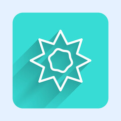 Obraz premium White line Sun icon isolated with long shadow. Summer symbol. Good sunny day. Green square button. Vector.