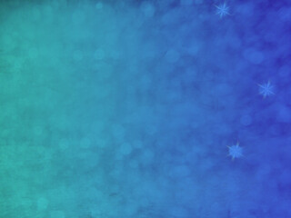 An image of snow flakes falling superimposed upon a background of winter blue and green, with stars on the right hand side of the image