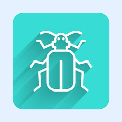 White line Chafer beetle icon isolated with long shadow. Green square button. Vector.