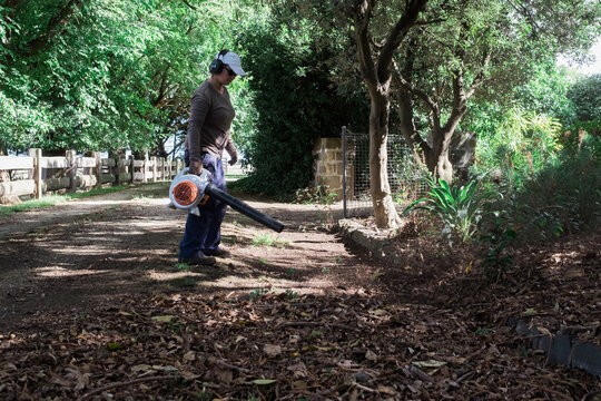 Gardener clearing driveway of leaves