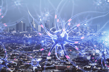 Double exposure of neuron drawing icon and cityscape background. Concept of education.