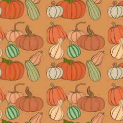 wallpaper of different kinds of pumpkins on an orange background for autumn