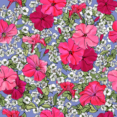 Vector seamless pattern with flowers pink petunias and green leaves. Floral background for your design