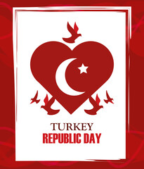 turkey republic day, red heart shaped flag national birds banner design