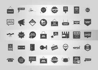 were open, collection different announce sign boards, silhouette icons