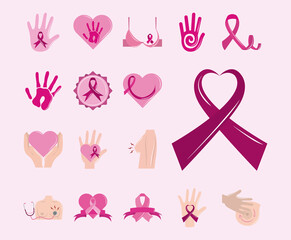 breast cancer awareness month pink ribbon hand support heart love, flat icons style