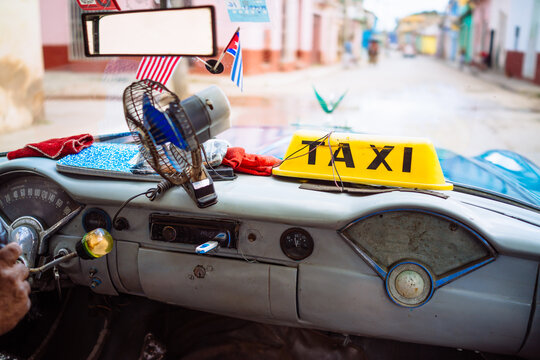 Interior of old vintage american classic car, Havana, Cuba