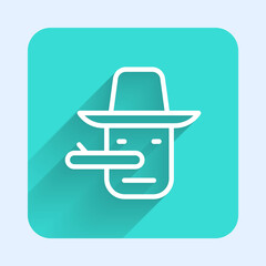 White line Pinocchio icon isolated with long shadow. Green square button. Vector.