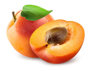 Apricots. Apricots isolate on white. Whole apricot with half  and leaf. Fresh apricot. With clipping path. Full depth of field. - obrazy, fototapety, plakaty
