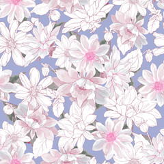 Beautiful Floral Seamless Pattern with Pink Dahlias on Blue Background. Watercolor Style. For Textile, Wallpapers, Print, Greeting. Vector Illustration.