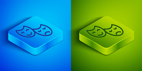 Isometric line Comedy and tragedy theatrical masks icon isolated on blue and green background. Square button. Vector.