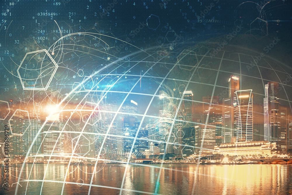 Poster map and data theme hologram on city view with skyscrapers background double exposure. international 