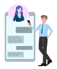 Fototapeta premium Business man and woman, virtual meeting. Video call and conference vector illustration with smartphone screens.