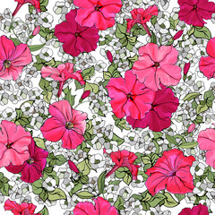 Vector seamless pattern with pink petunias and green leaves on white background. Floral pattern for textile, wallpapers, print, greetings, web pages