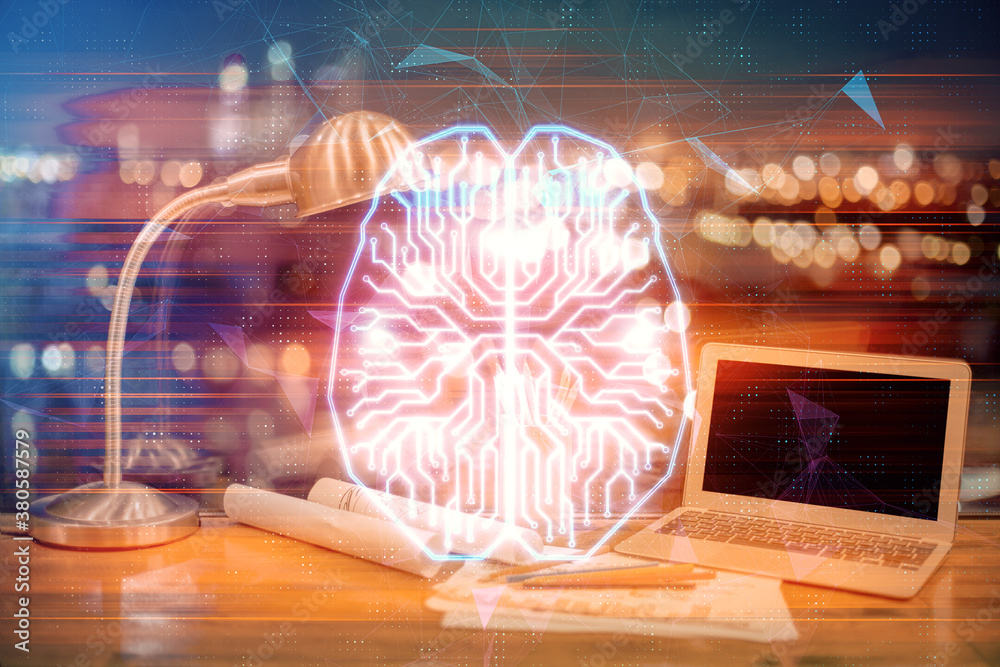 Poster Double exposure of desktop with computer and brain drawing hologram. Artificial intelligence concept.