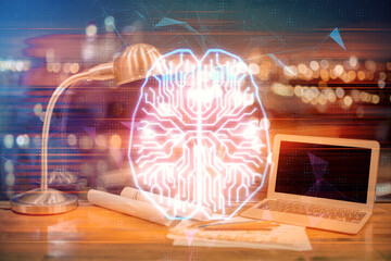 Double exposure of desktop with computer and brain drawing hologram. Artificial intelligence...