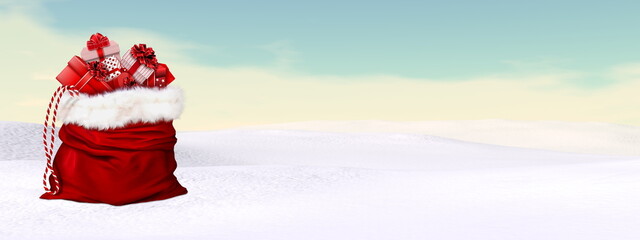 Big Santa Claus bag for christmas in winter landscape- 3D render