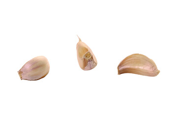 Collection of fresh sliced garlic cloves, isolated on white background