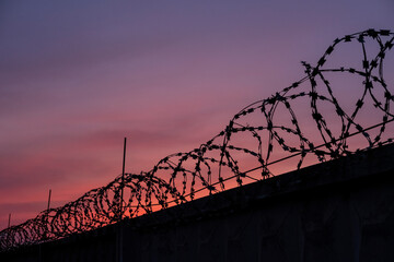 silhouette of barbed wire against sunset sky