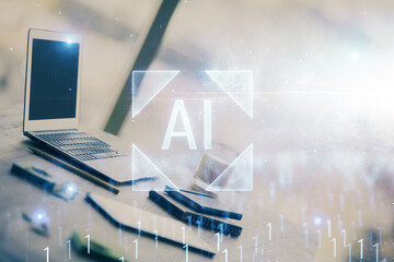 Double exposure of table with computer on background and data theme drawing. Concept of innovation.