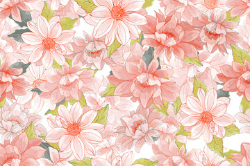 Pink Floral Seamless Pattern with Flowers Dahlias and Leaves on White Background. Watercolor style. For Textile, Wallpapers, Print, Greeting. Vector Illustration.