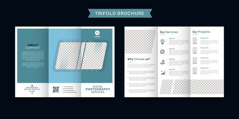  Photography business trifold brochure template. Modern, Creative and Professional tri fold brochure vector design. Simple and minimalist promotion layout with blue color.