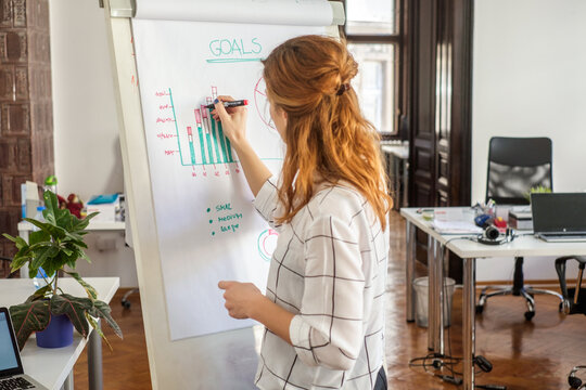 Woman Drawing Charts on the Board at the Business Meeting