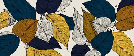 luxus gold floral line art wallpaper vektor. Exotischer botanischer Hintergrund, tropisches Blatt und Goldstil für Textilien, Wandkunst, Stoff, Hochzeitseinladung, Coverdesign. © TWINS DESIGN STUDIO